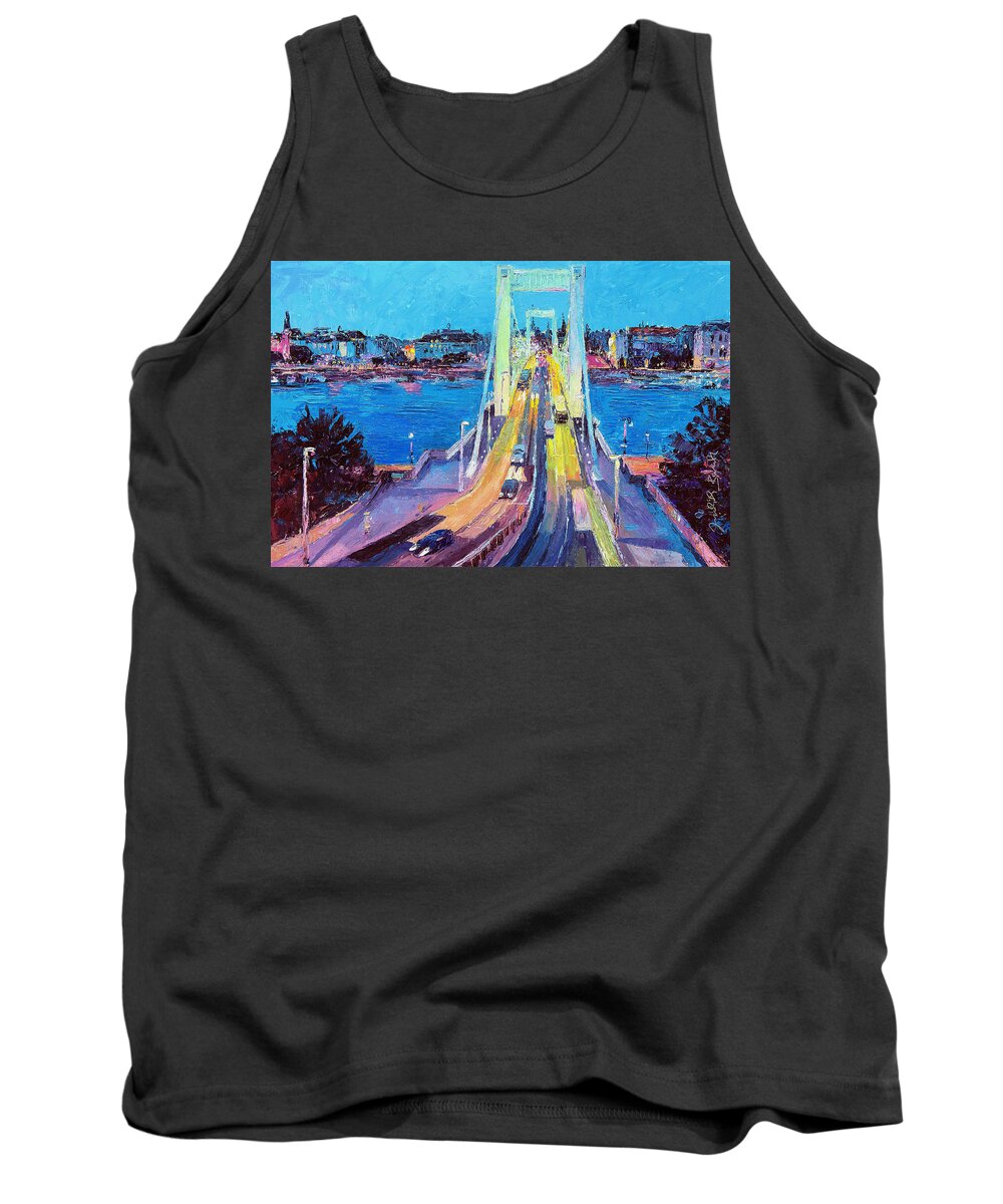 Cityscape Tank Top featuring the painting Traffic on Elisabeth Bridge at Dusk by Judith Barath