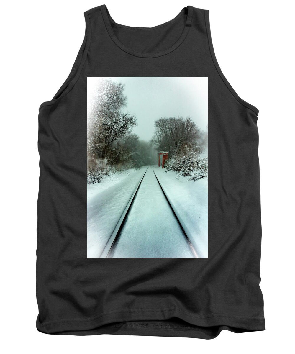 Snow Tank Top featuring the photograph Train Tracks in Snow with Red Shed by Kevin Argue