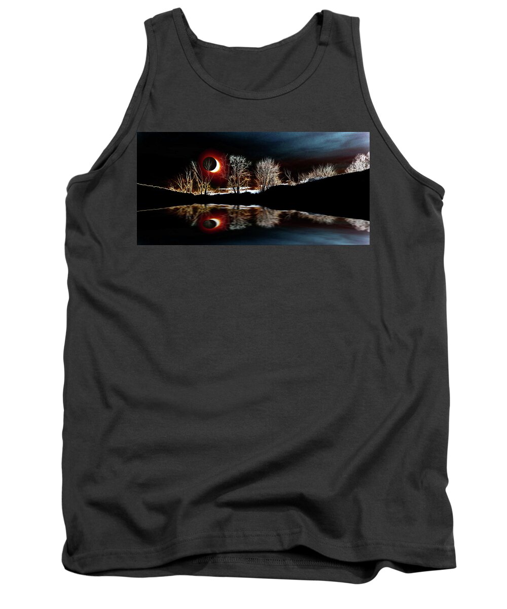 Tree Reflections Landscape-solar Eclipse Tank Top featuring the photograph Tree Reflections Landscape-solar eclipse 2017 by Mike Breau