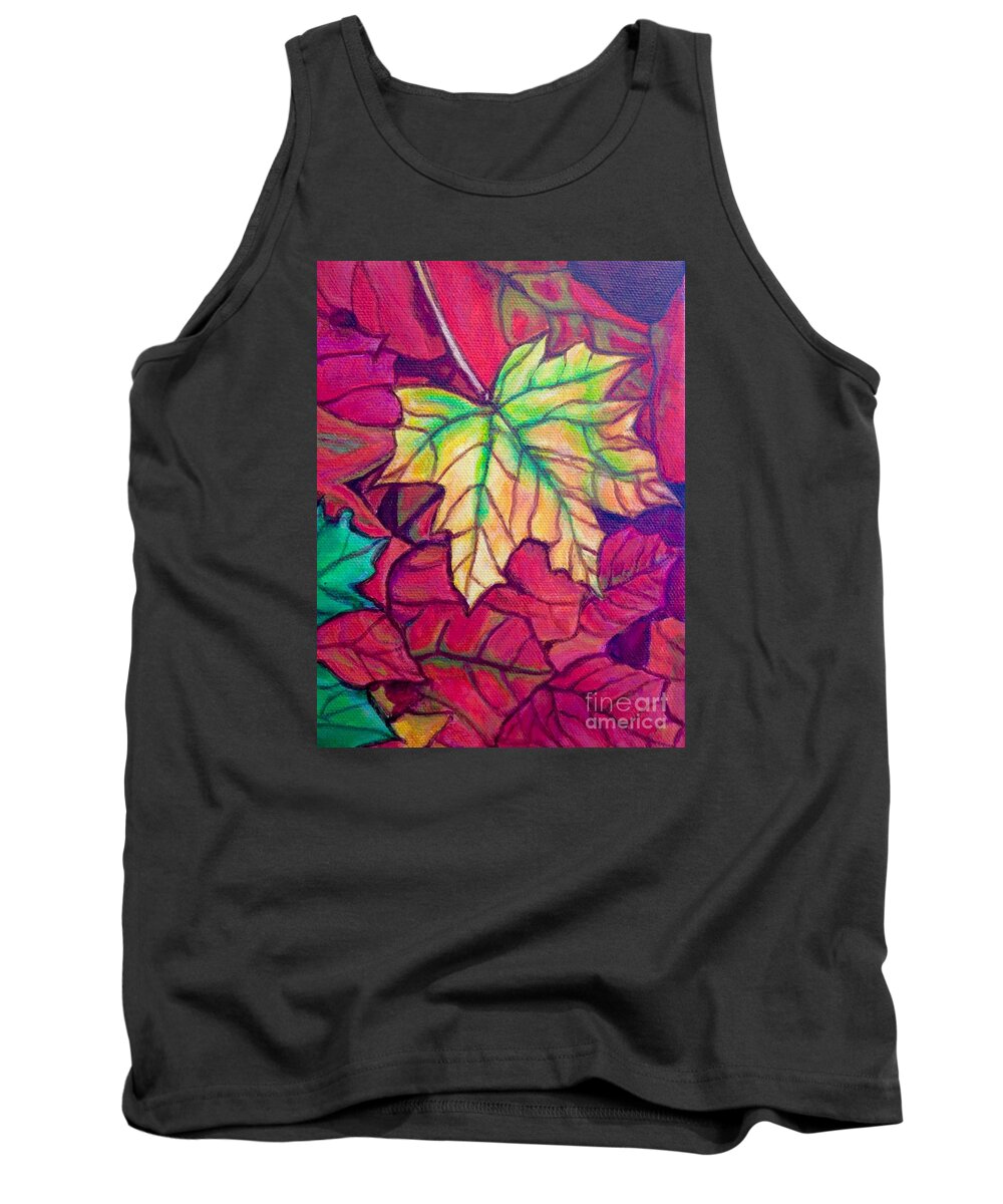 Nature Scene Detail Of A Golden Fall Maple Leaf Close-up View Acrylic Painting Tank Top featuring the painting Turning Maple Leaf in the Fall by Kimberlee Baxter