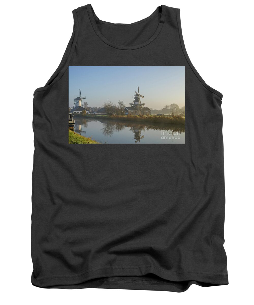 Netherlands Tank Top featuring the photograph Two dutch windmills in the fog by Patricia Hofmeester