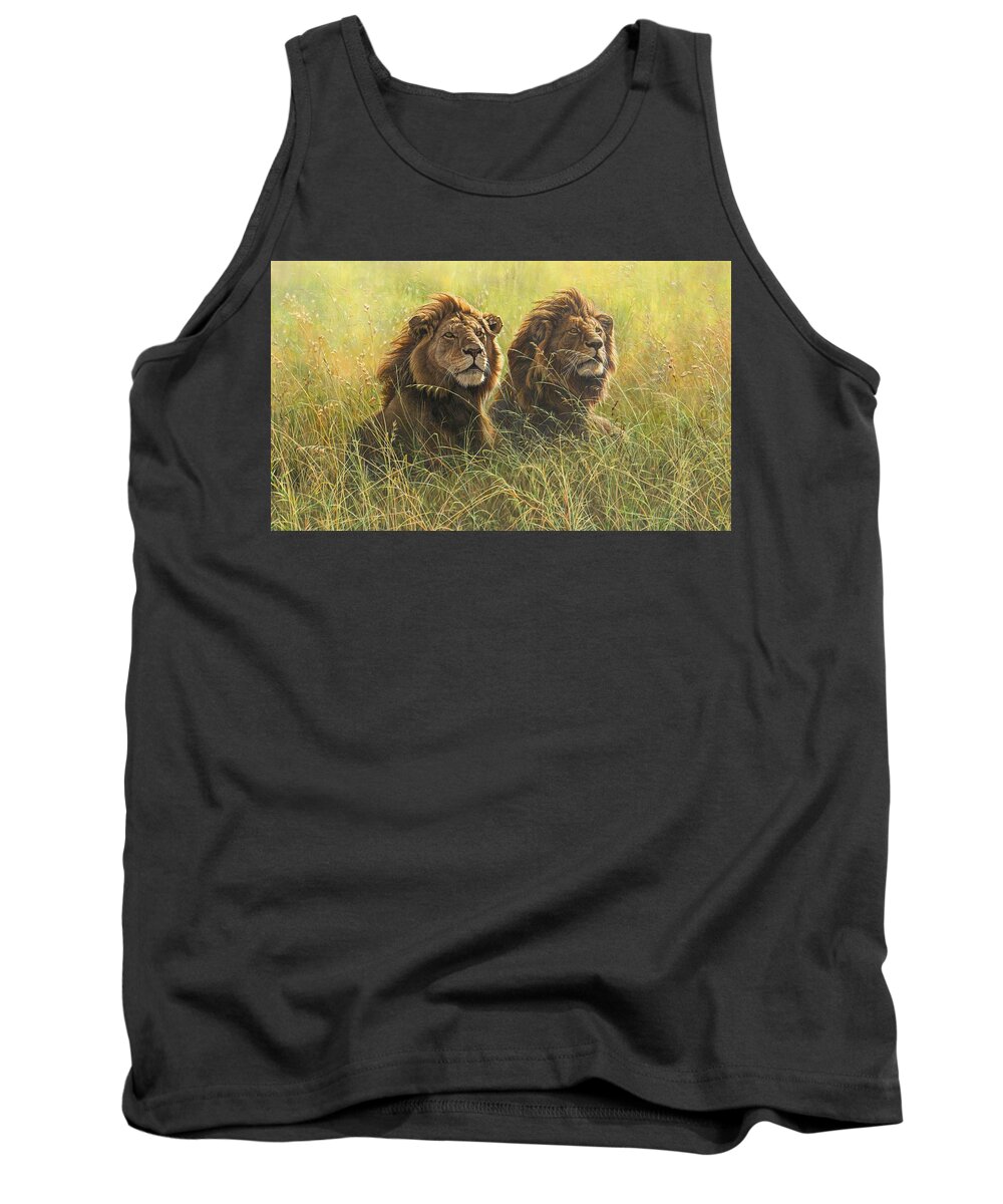 Lions Tank Top featuring the painting Two Male Lions by Alan M Hunt