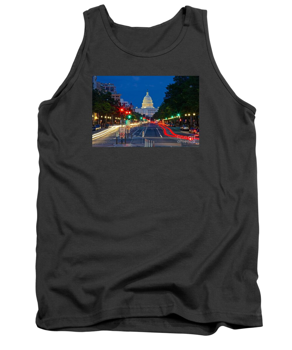 Light Streaks Tank Top featuring the photograph United States Capitol along Pennsylvania Avenue in Washington, D.C.  by Sam Antonio