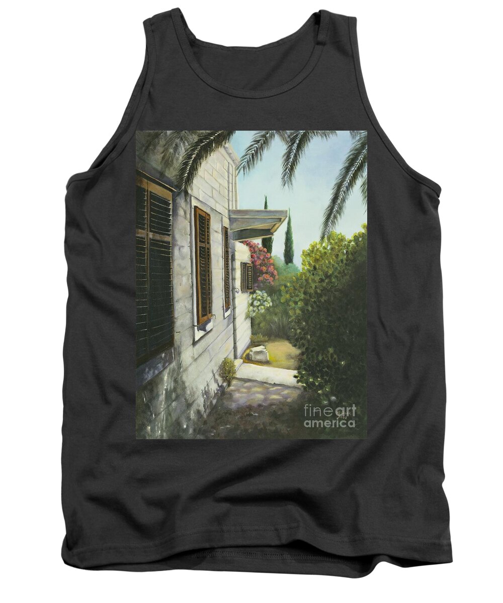 Landscape Tank Top featuring the painting View in a Croatian Garden by Marlene Book