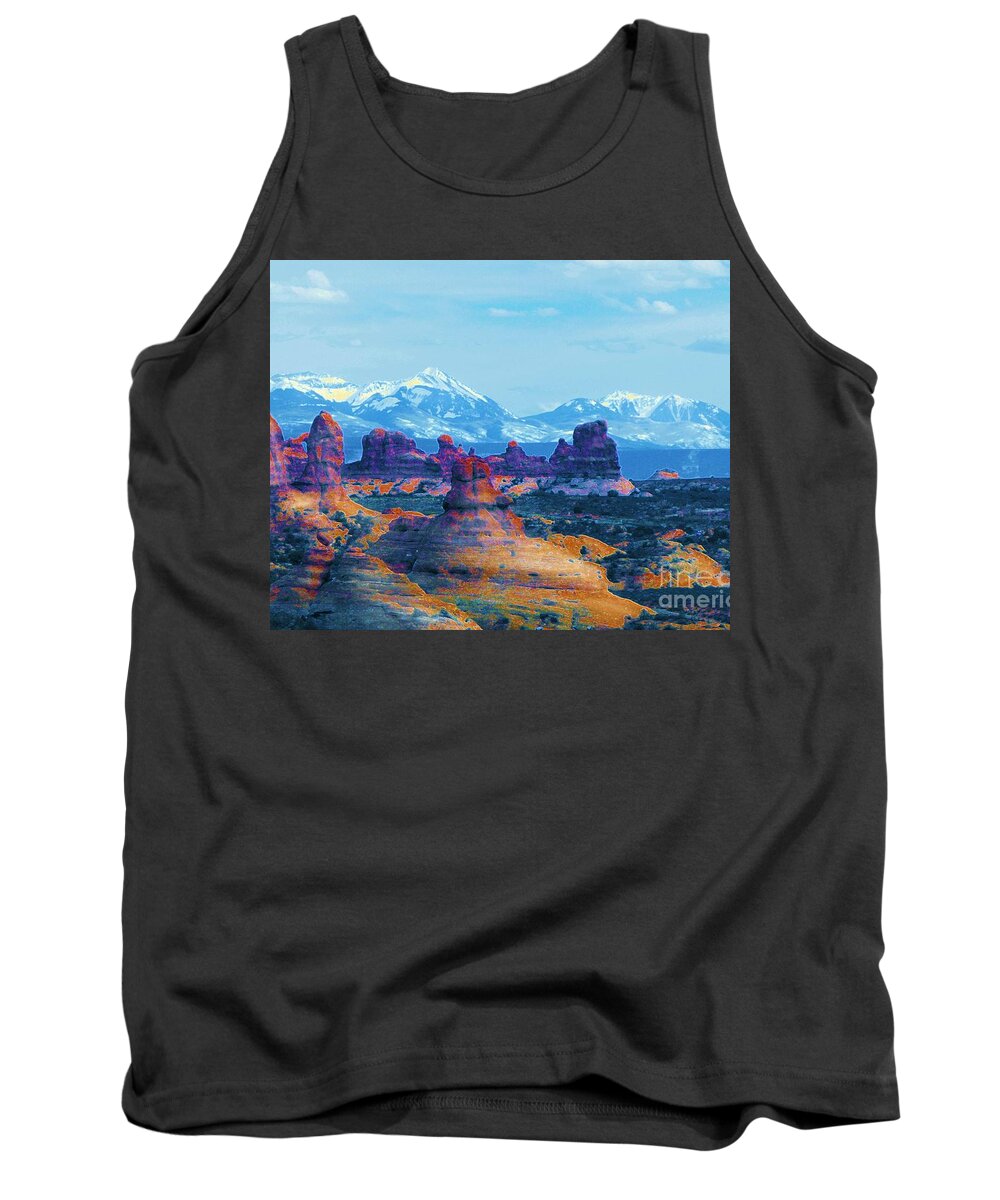 Viewing The La Sals From Arches Tank Top featuring the digital art Viewing the La Sals from Arches by Annie Gibbons