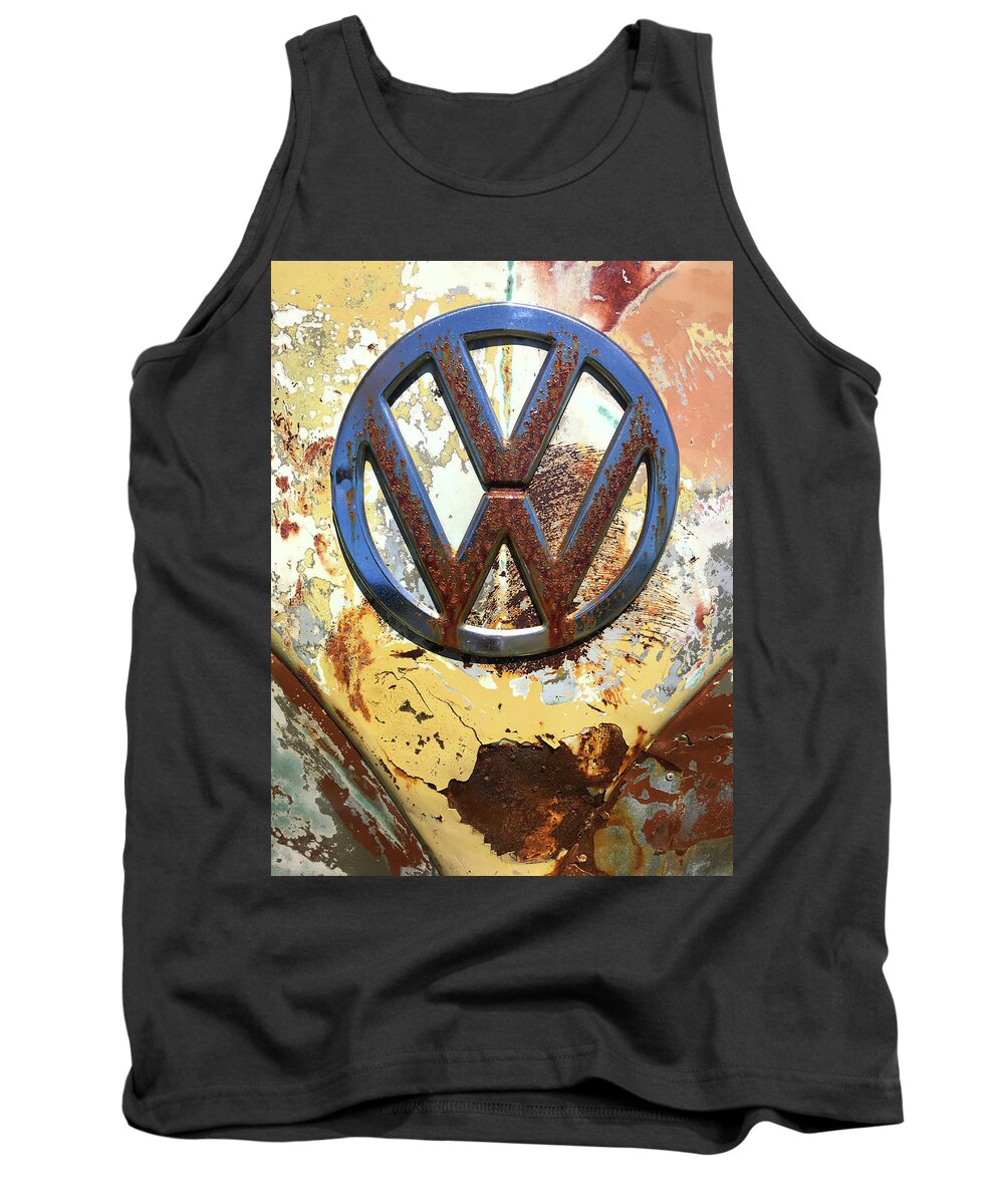 Kelly Hazel Tank Top featuring the photograph VW Volkswagen Emblem with Rust by Kelly Hazel