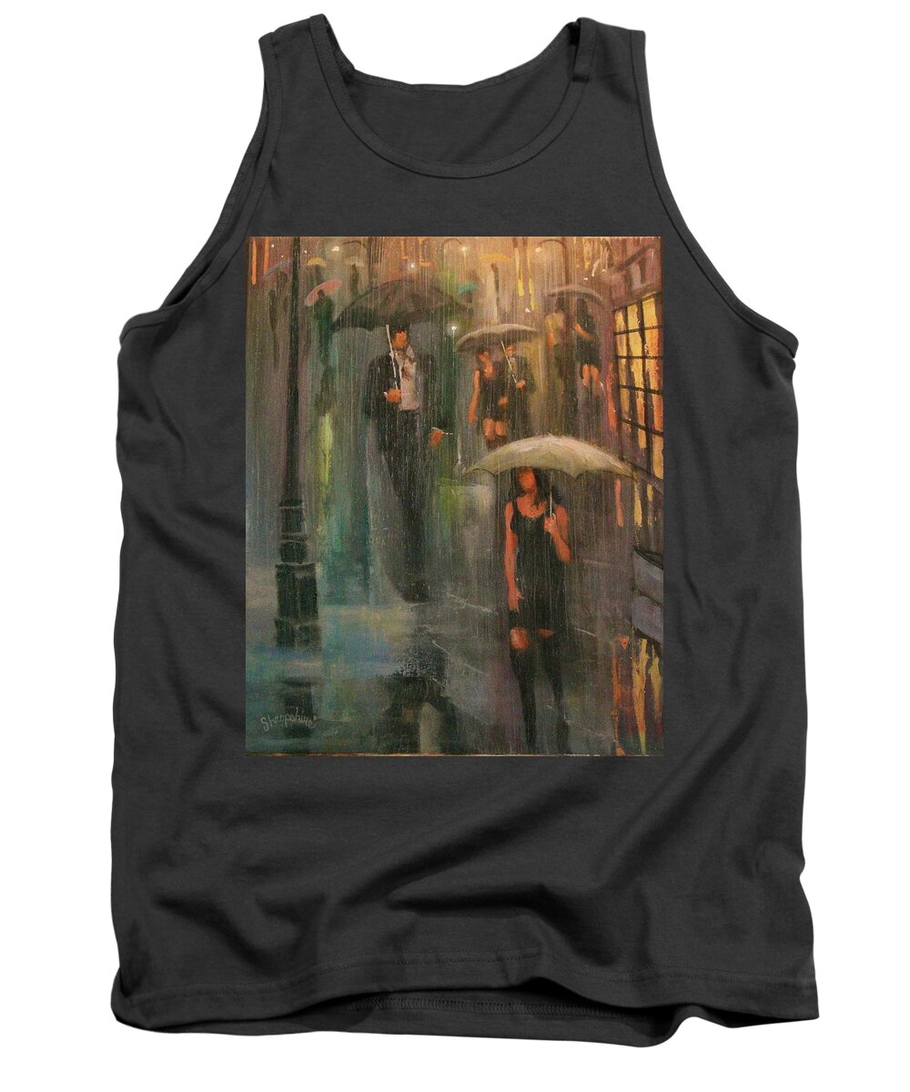  Downpour Tank Top featuring the painting Walking in the Rain by Tom Shropshire
