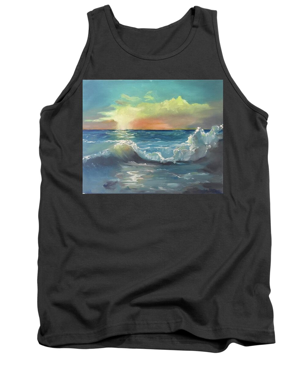 Original Oil Painting Tank Top featuring the painting Waves in sunrise by Maria Karlosak