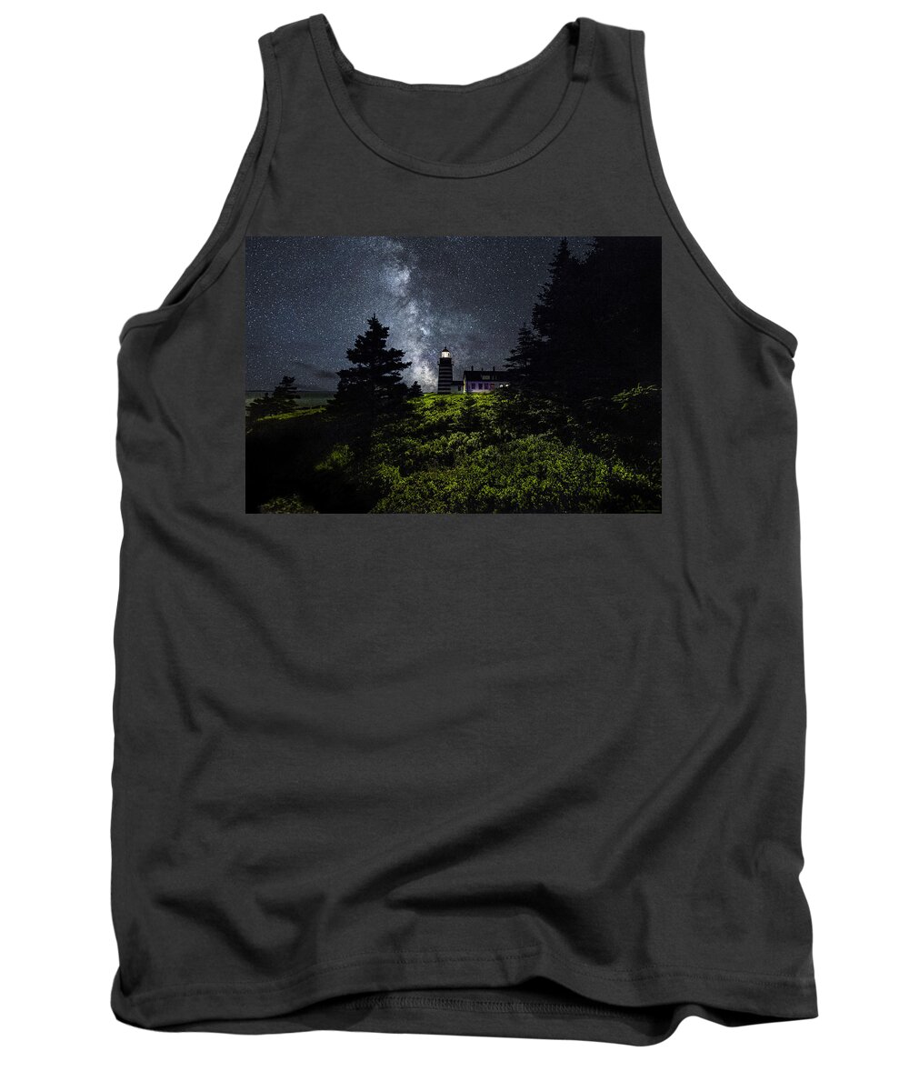 Milky Way Tank Top featuring the photograph West Quoddy Head Lighthouse with Milky Way Starscape by Marty Saccone