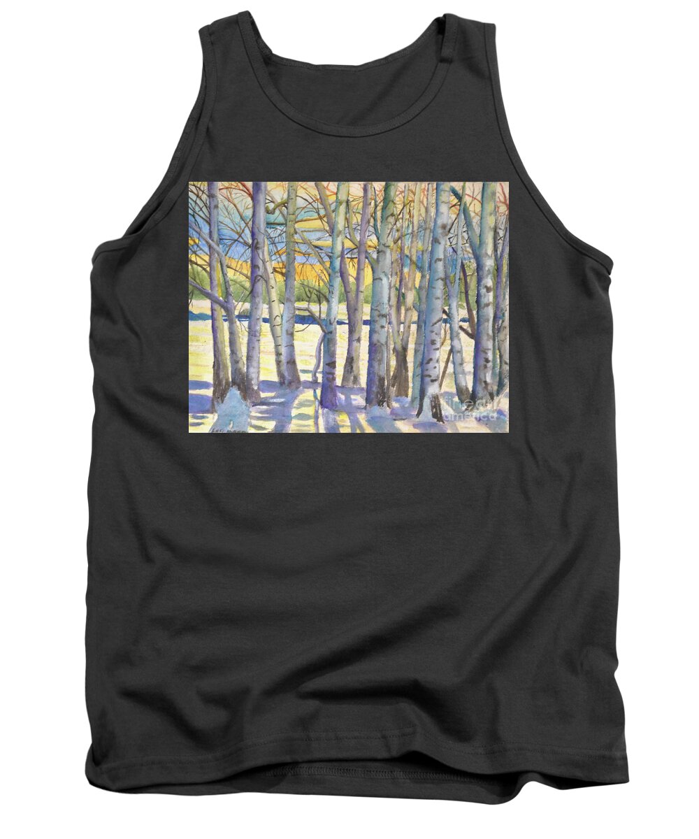 Birch Trees Tank Top featuring the painting Winter Sunset by Lori Moon