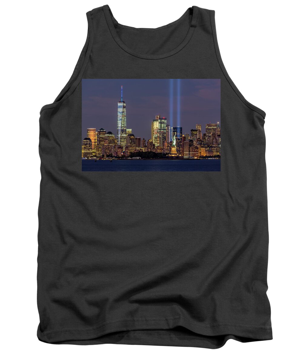 September 11 Tank Top featuring the photograph World Trade Center WTC Tribute In Light Memorial by Susan Candelario