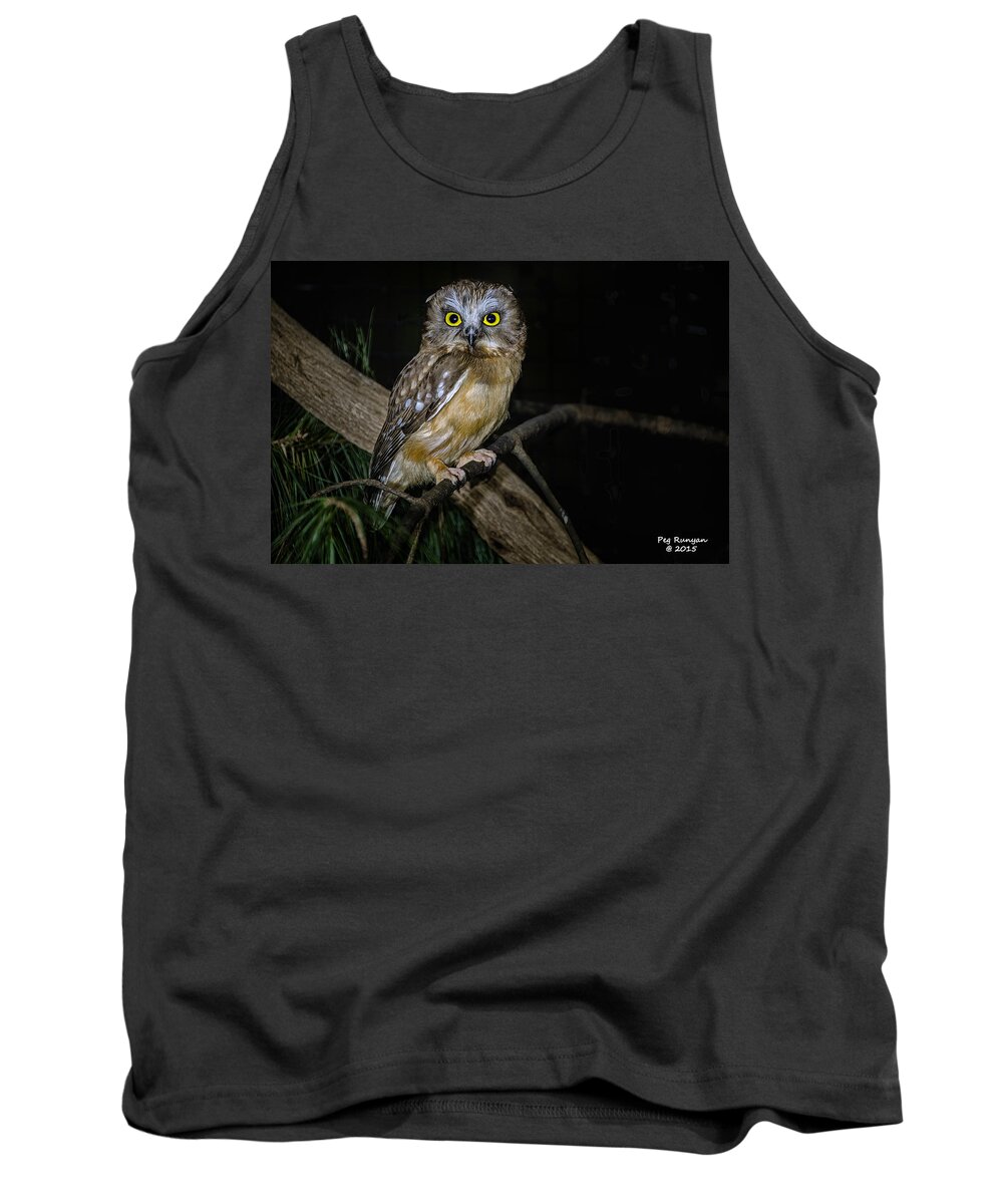 Owl Tank Top featuring the photograph Yellow Eyes in the Dark by Peg Runyan