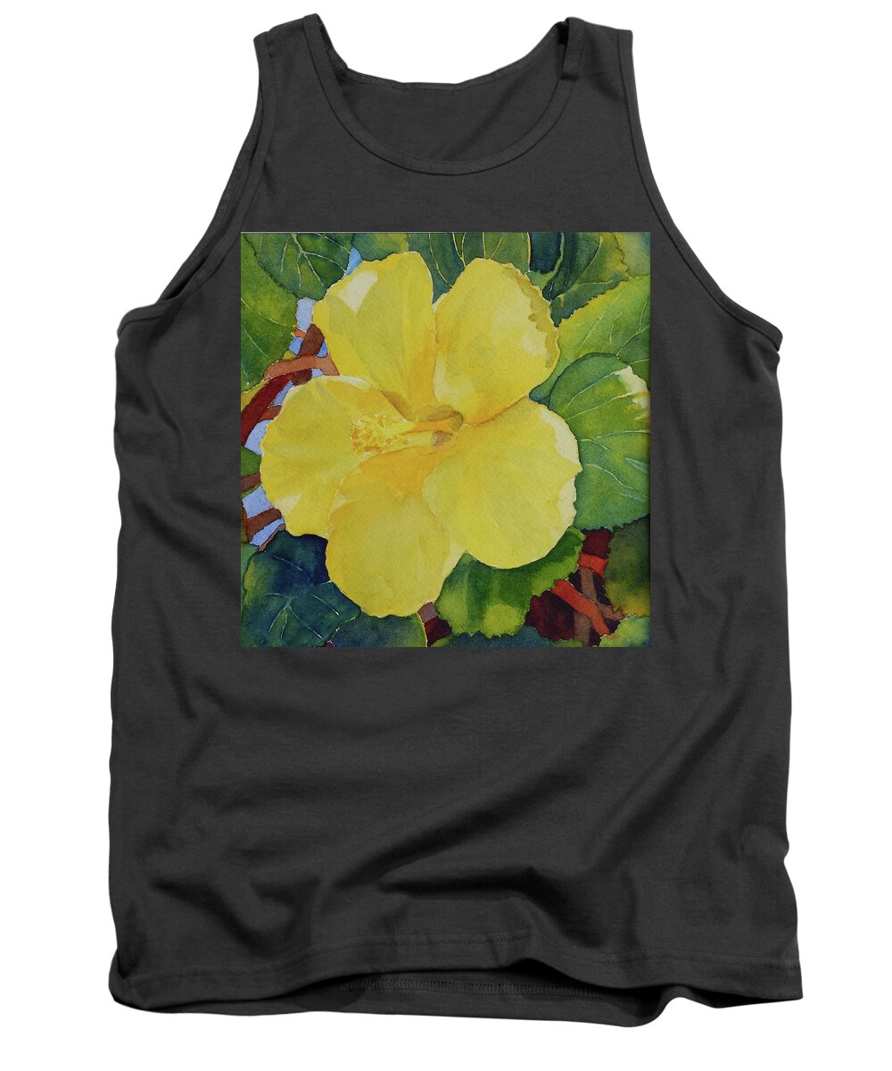 Floral Tank Top featuring the painting Yellow Hibiscus by Judy Mercer