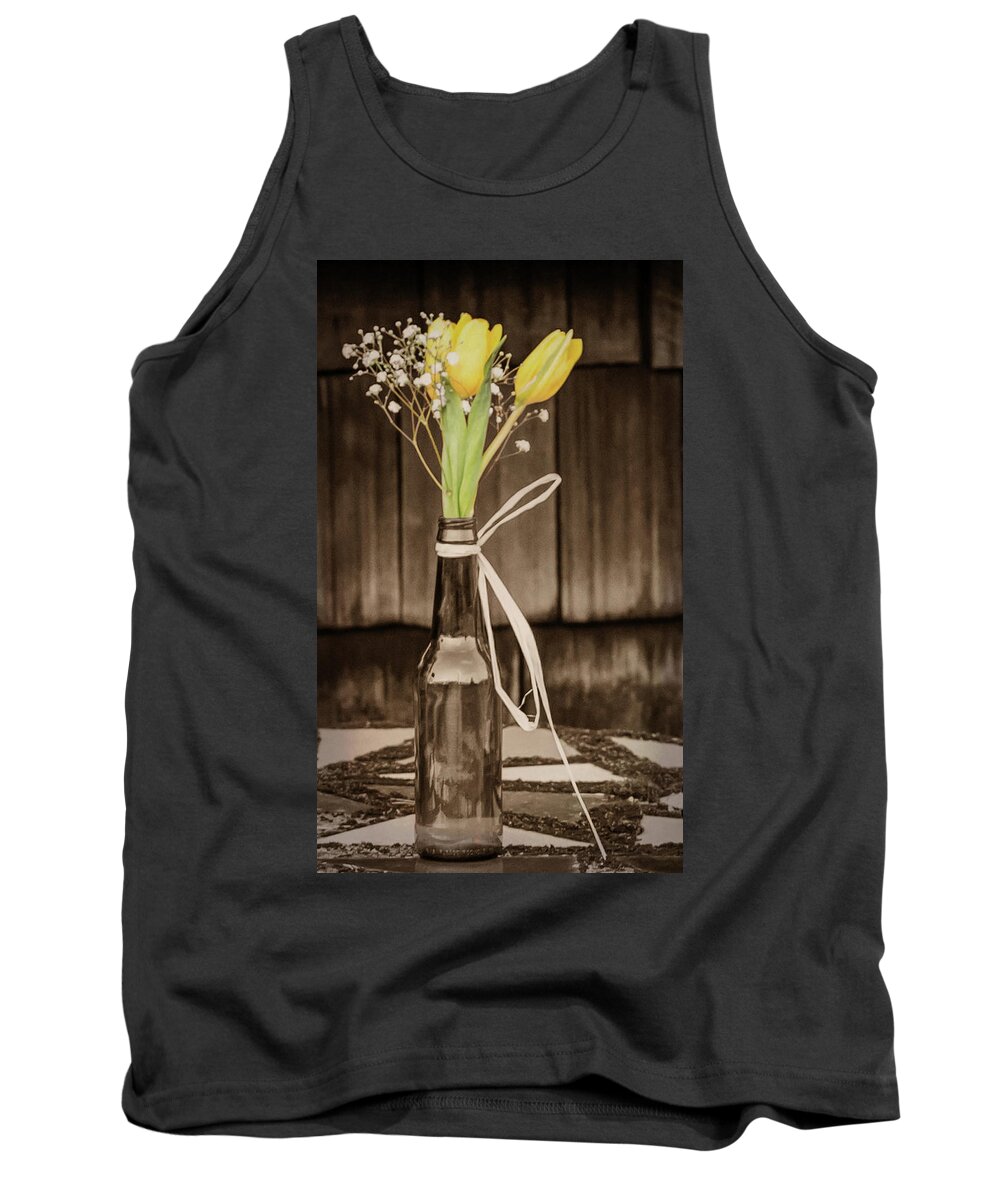 Terry D Photography Tank Top featuring the photograph Yellow Tulips in Glass Bottle Sepia by Terry DeLuco