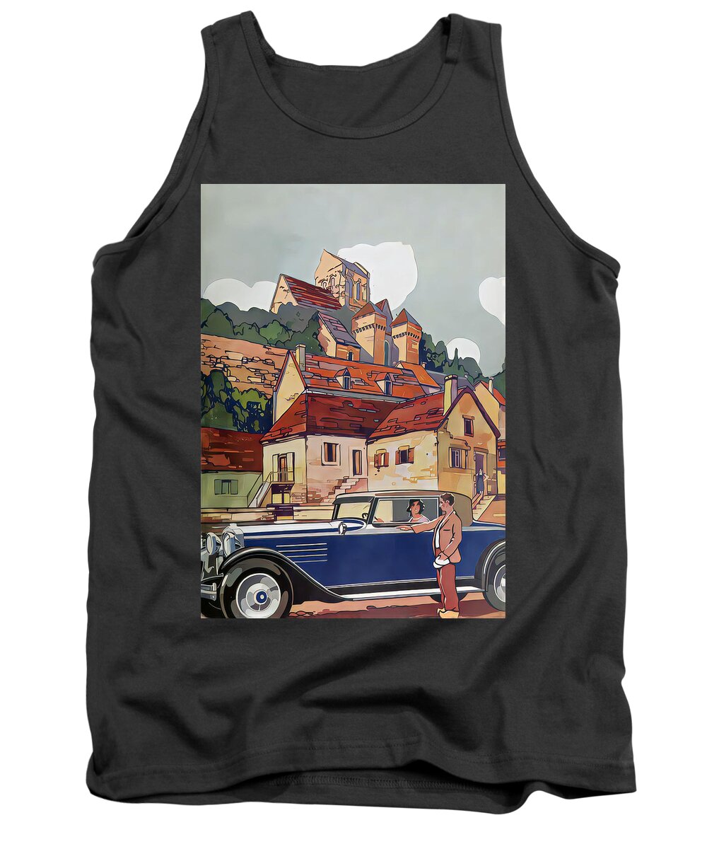 Vintage Tank Top featuring the mixed media 1930 Coupe With Woman Driver And Visitor Dutch Village Original French Art Deco Illustration by Retrographs