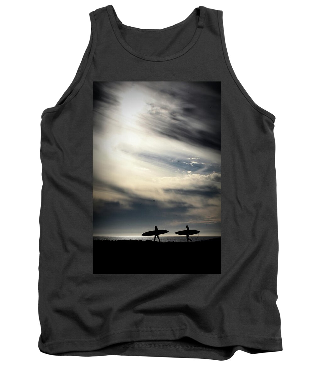 California Tank Top featuring the photograph 2 Surfers Sunset California by Chuck Kuhn