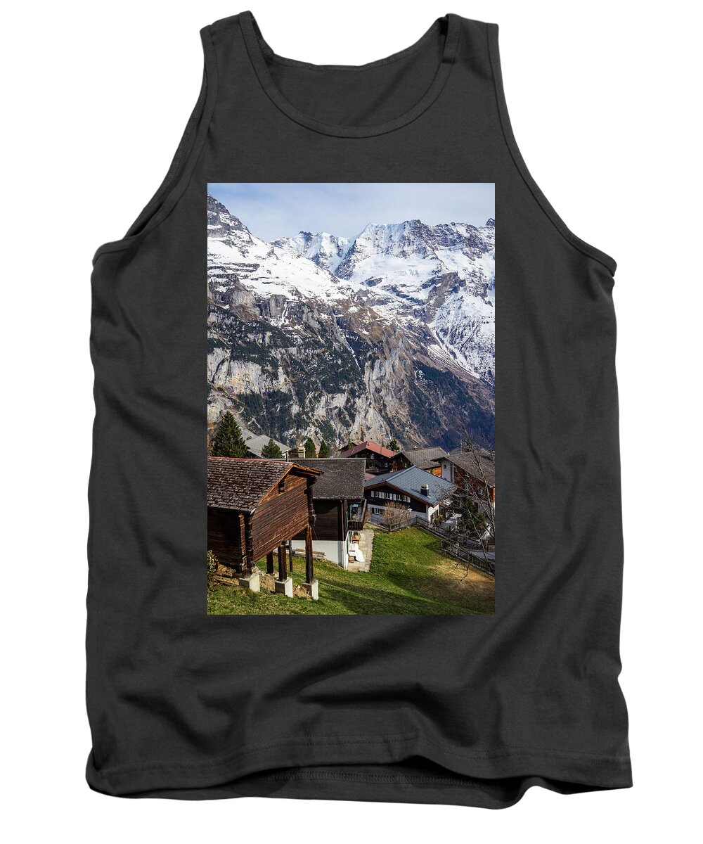 Lauterbrunnen Tank Top featuring the photograph A beautiful view from Murren village in Switzerland. by George Afostovremea