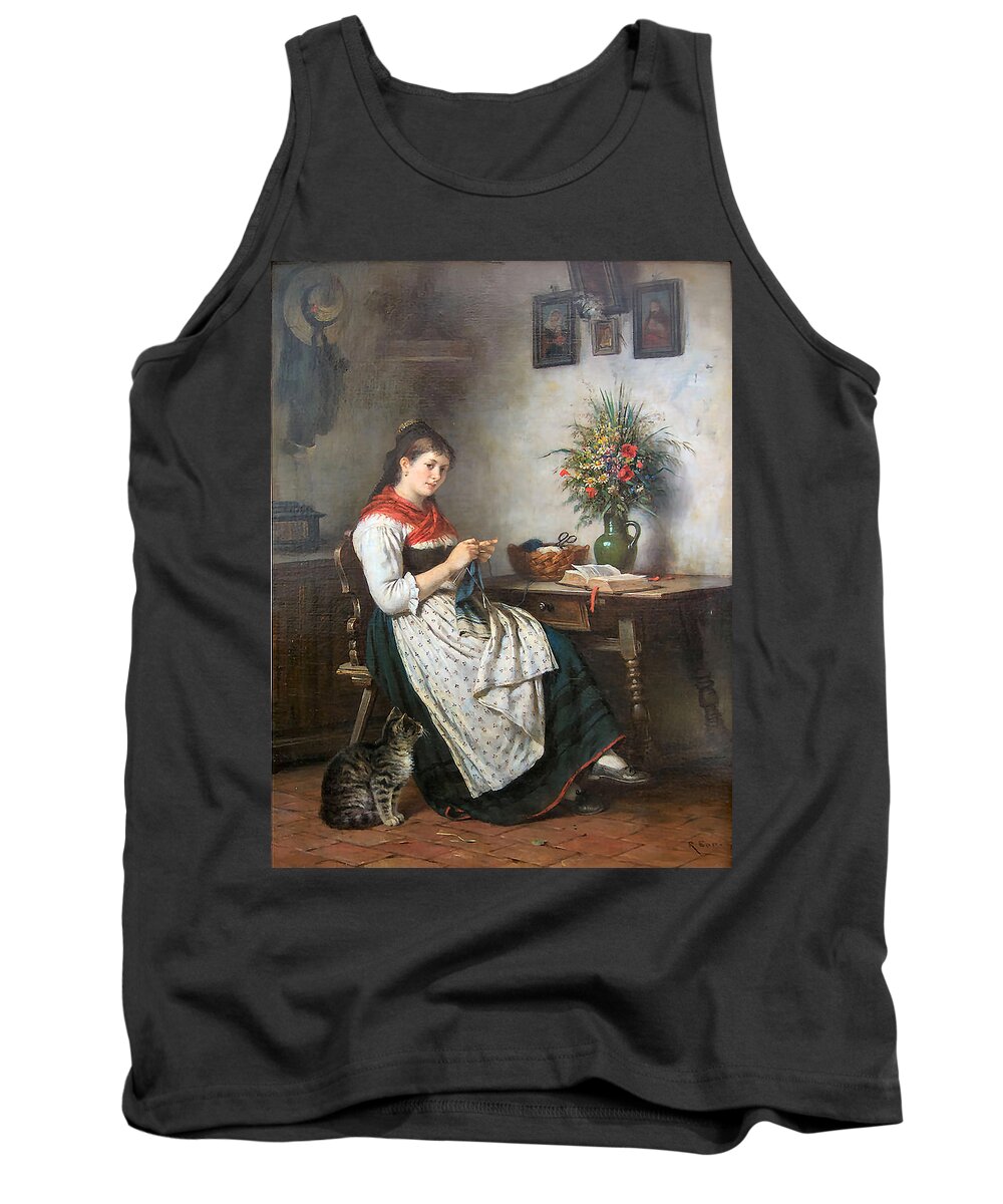 Knitting Girl Tank Top featuring the painting A Knitting Girl by Rudolf Epp