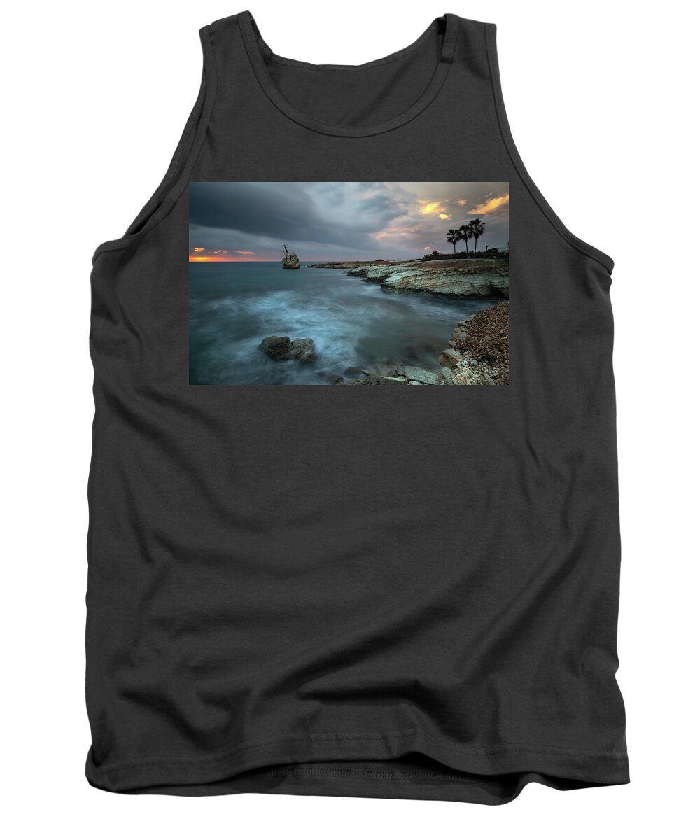 Coastline Tank Top featuring the photograph Abandoned ship of EDRO III resting on the coastline of Peyia in by Michalakis Ppalis