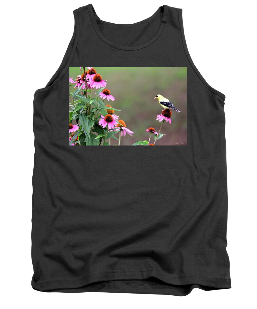 Nature Tank Top featuring the photograph American Goldfinch on the Coneflowers by Trina Ansel