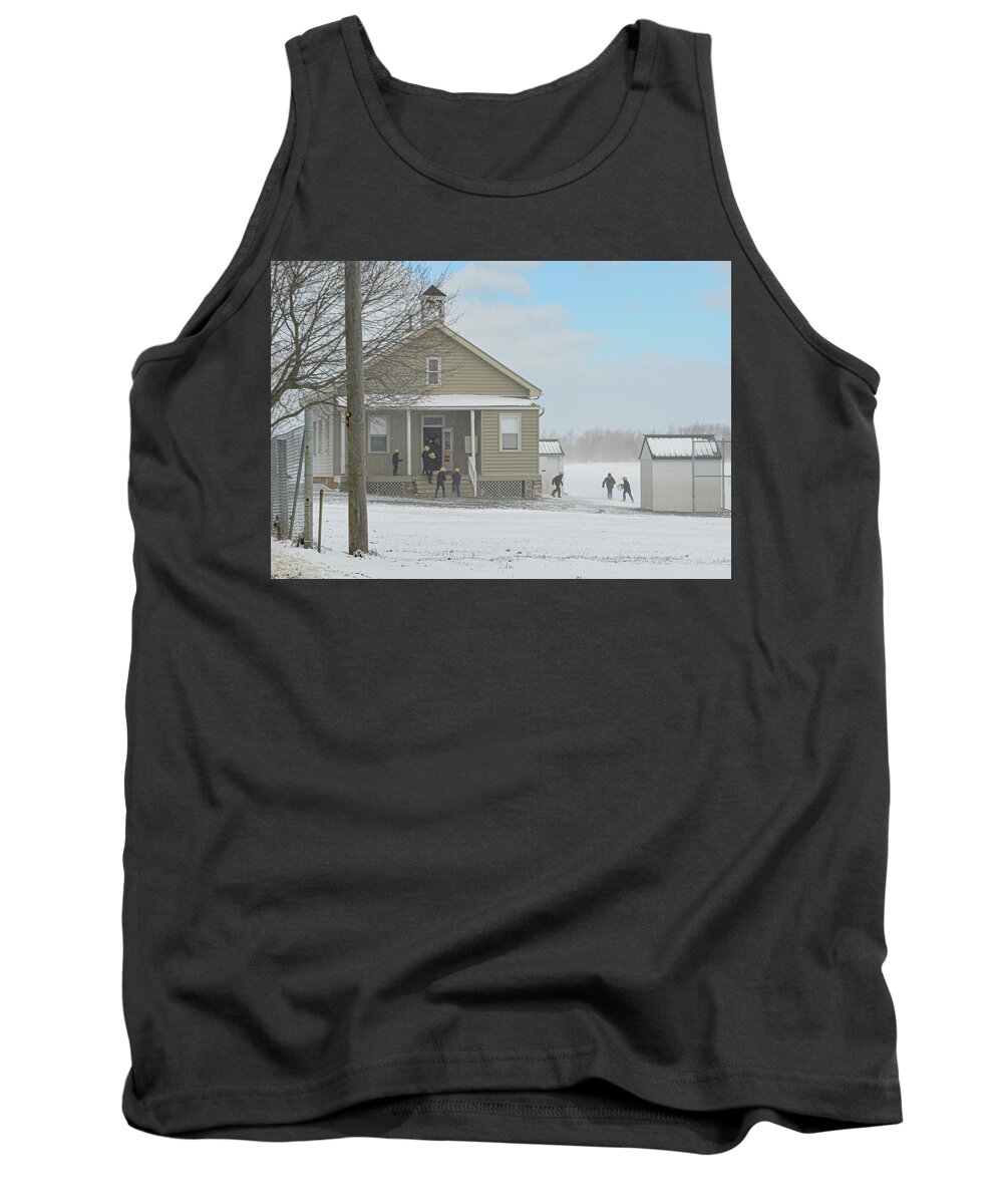 One Room Schoolhouse Tank Top featuring the photograph Amish Schoolboys in Snowstorm by Tana Reiff