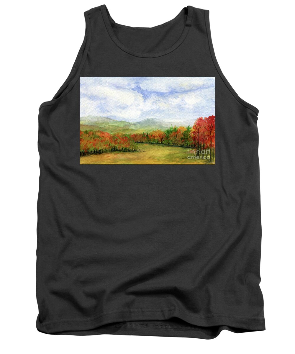 Autumn Tank Top featuring the painting Autumn Day Watercolor Vermont Landscape by Laurie Rohner