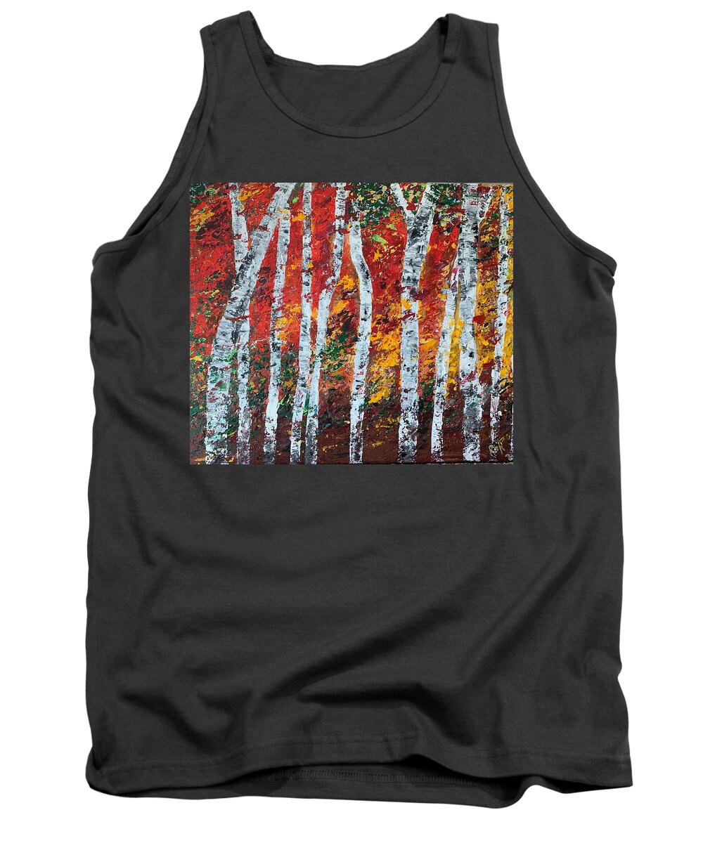 Birch Trees Tank Top featuring the painting Birch Trees Late Summer by Raji Musinipally