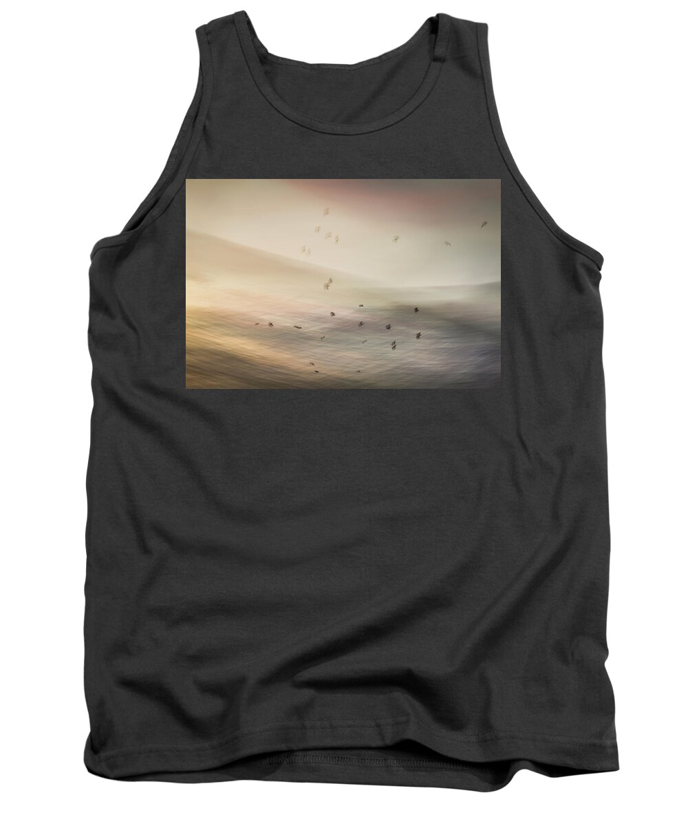 Intentional Camera Movement Tank Top featuring the photograph Birds over the Sea by Anita Nicholson