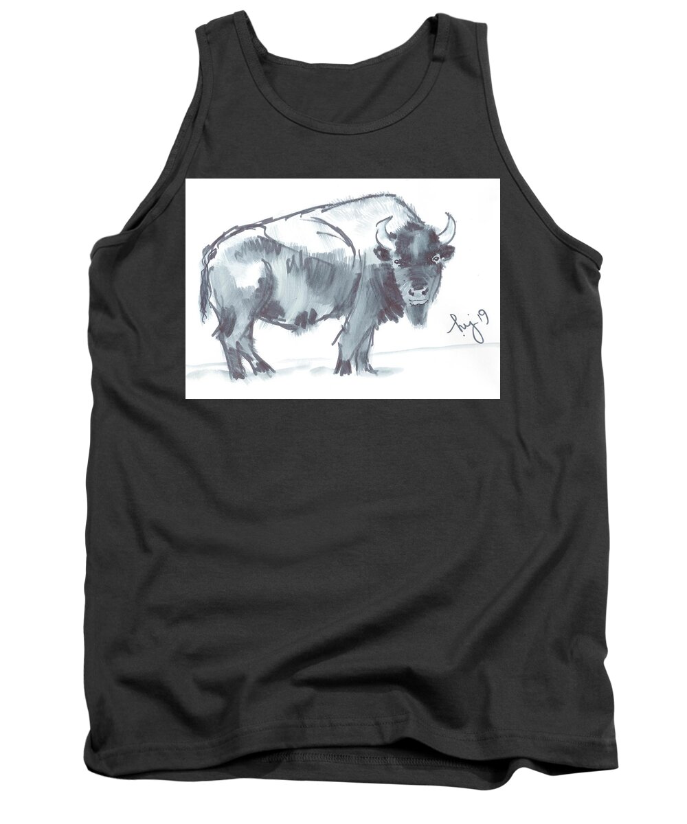 Bison Tank Top featuring the drawing Bison black and white watercolor sketch by Mike Jory