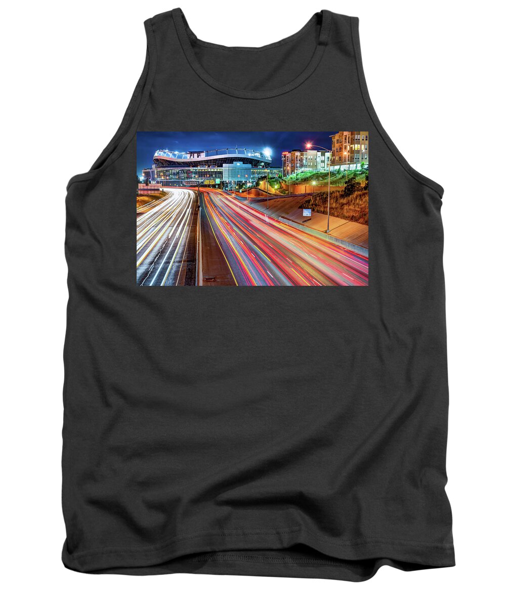 Denver Football Tank Top featuring the photograph Denver Colorado Cityscape and Football Stadium of the Mile High City by Gregory Ballos