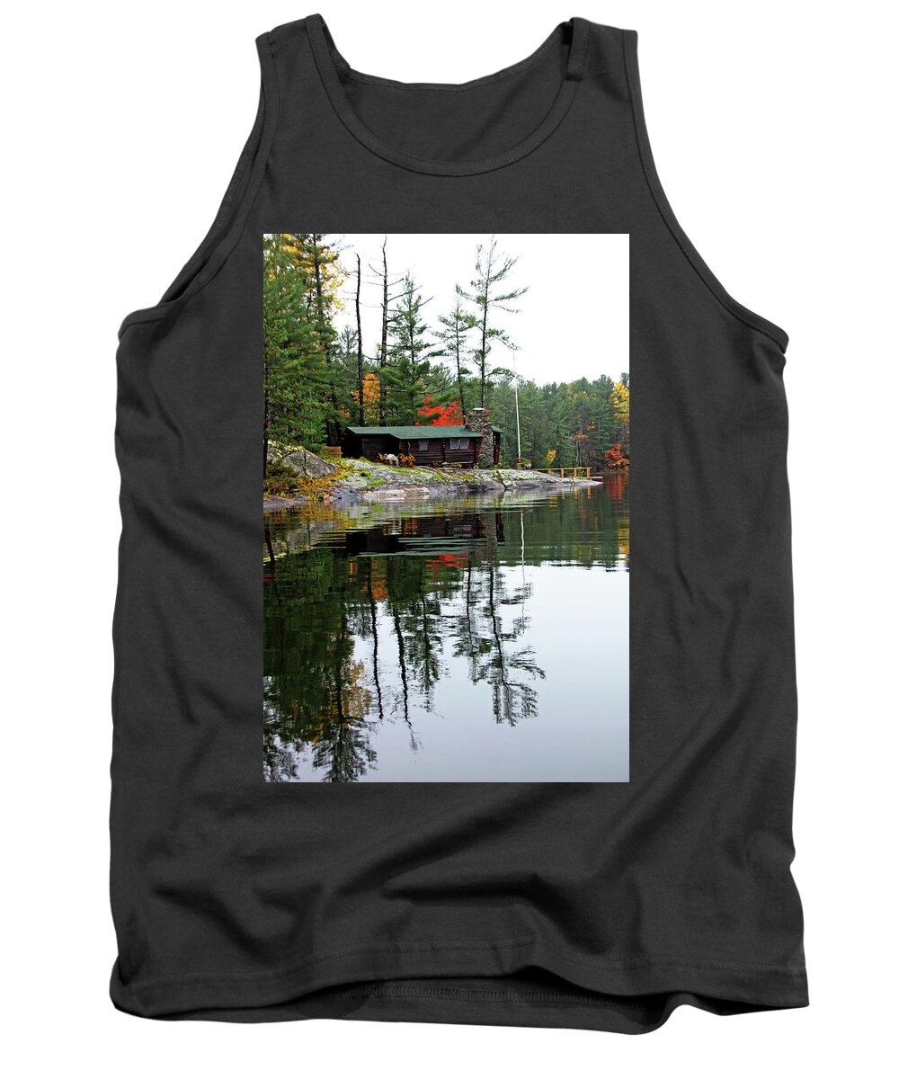 French River Tank Top featuring the photograph Cabin On The Rocks by Debbie Oppermann