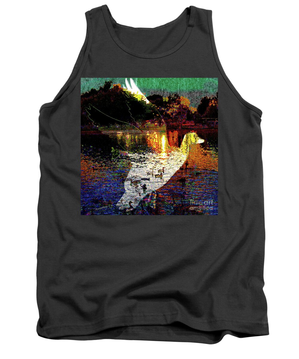 Duckpond Tank Top featuring the painting Duckpond at Dusk.flight over lake by Bonnie Marie