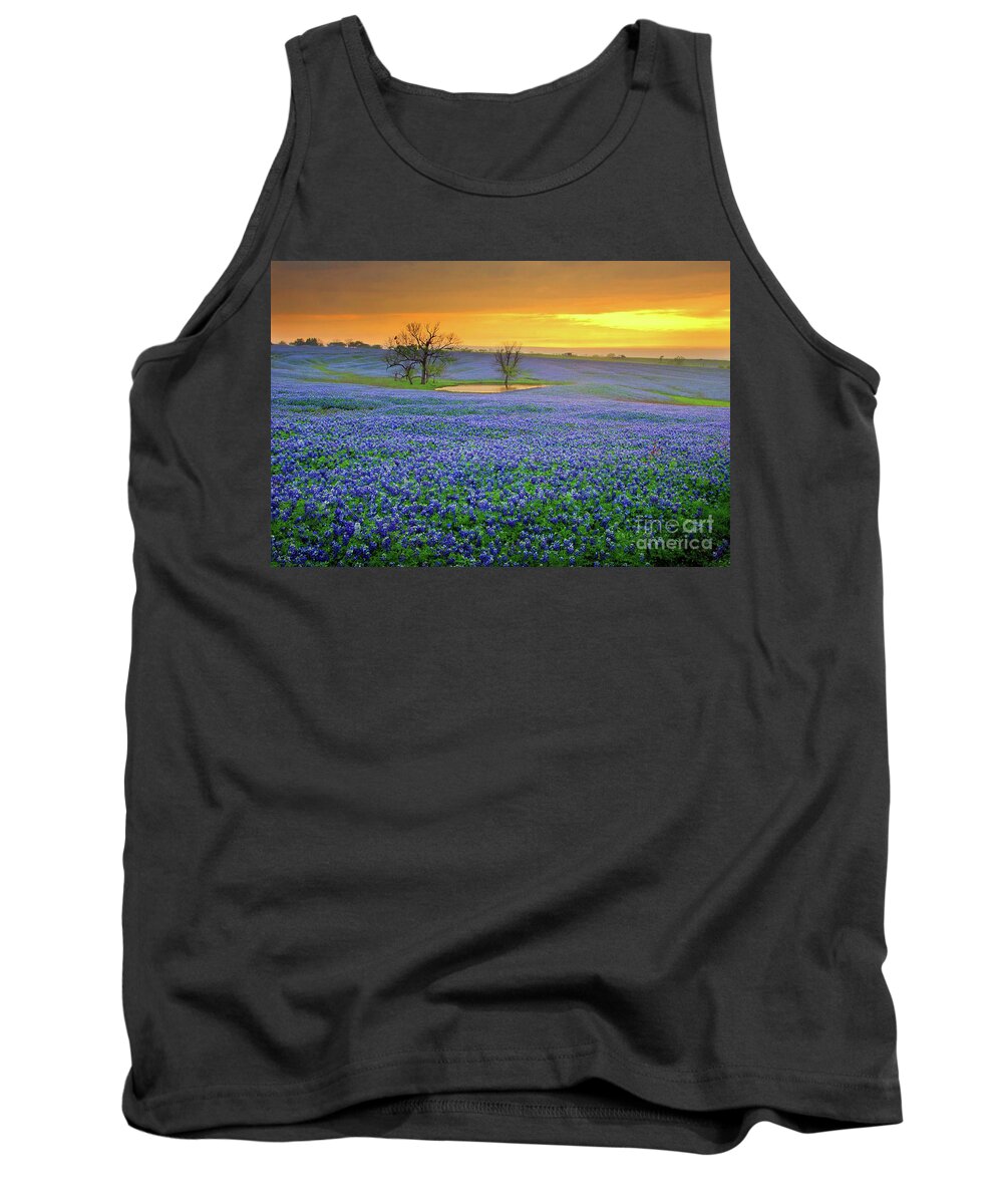 Texas Bluebonnets Tank Top featuring the photograph Field of Dreams Texas Sunset - Texas Bluebonnet wildflowers landscape flowers by Jon Holiday