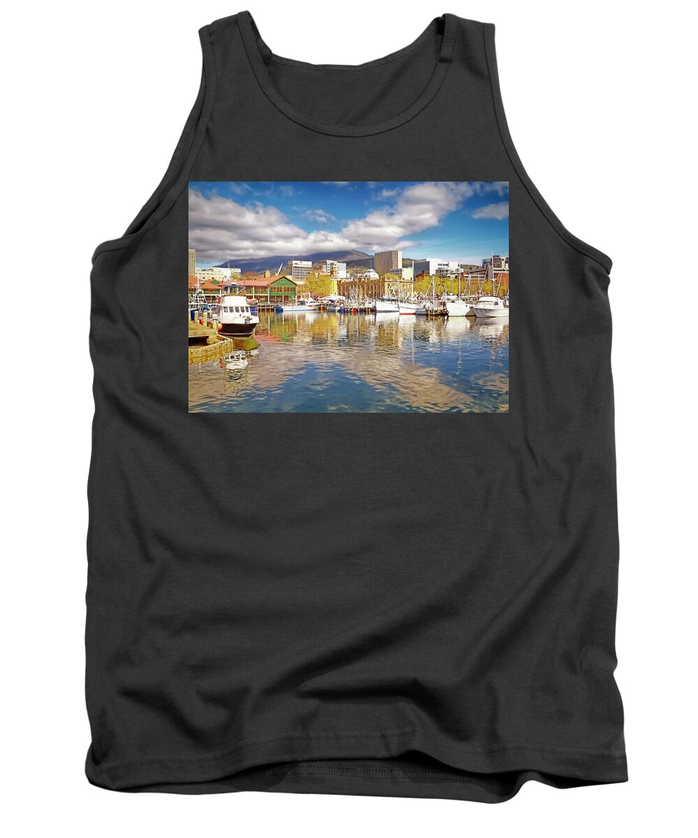  Landscape Tank Top featuring the photograph Fishermans Wharf and Hobart cityscape by Tony Crehan