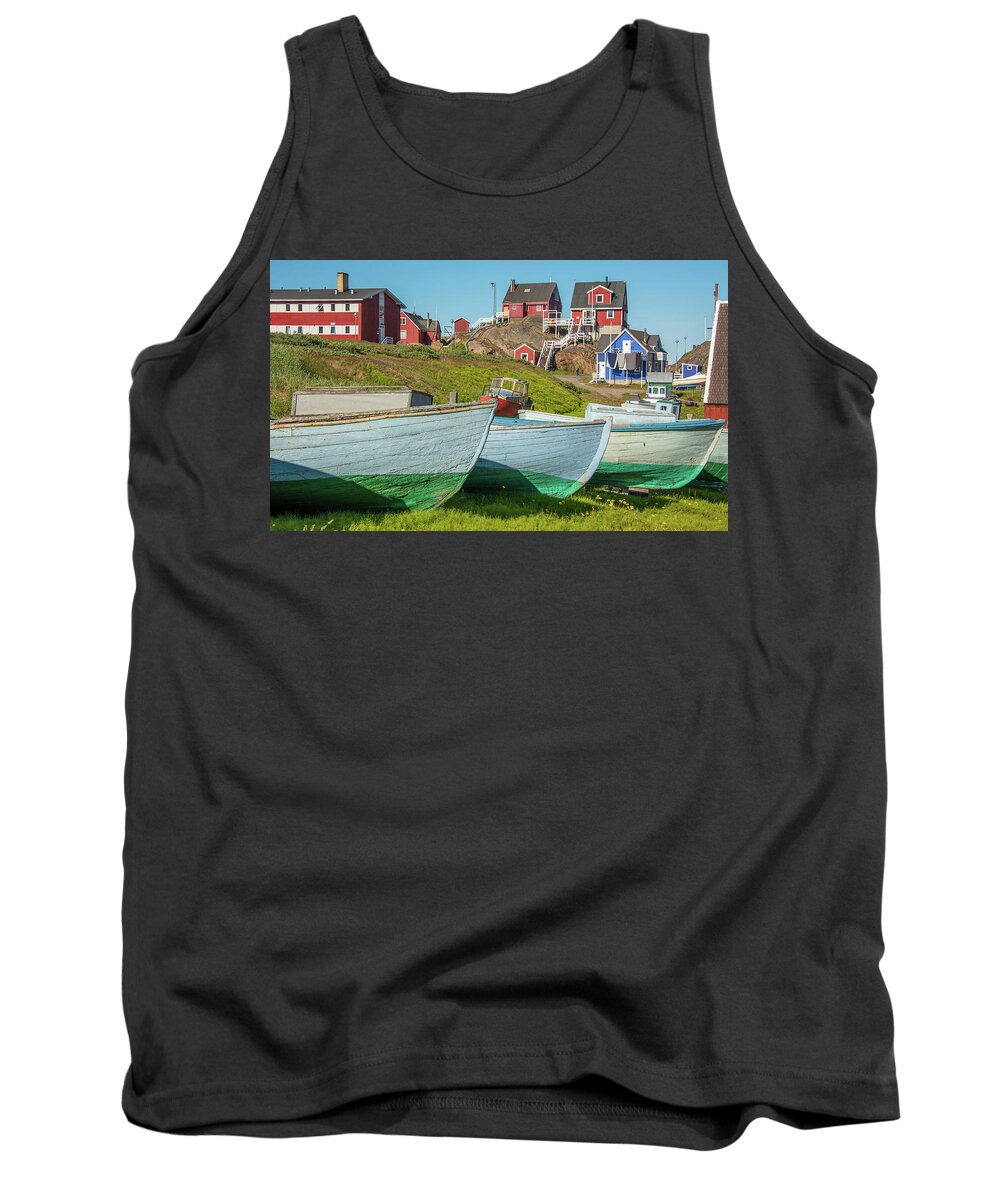 Arctic Tank Top featuring the photograph Greenland Fishing Boats by Minnie Gallman