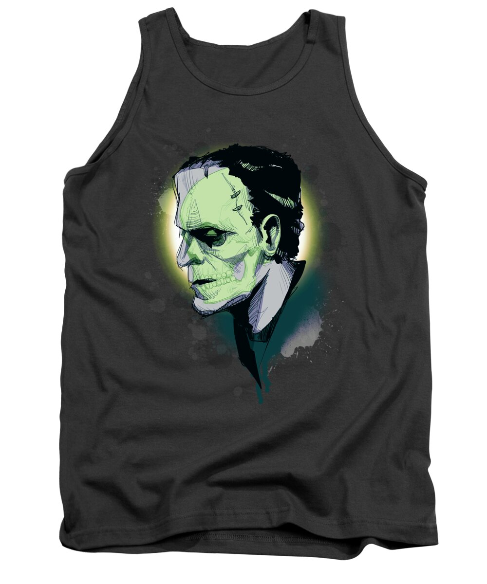 Skull Tank Top featuring the drawing FrankenSkull by Ludwig Van Bacon