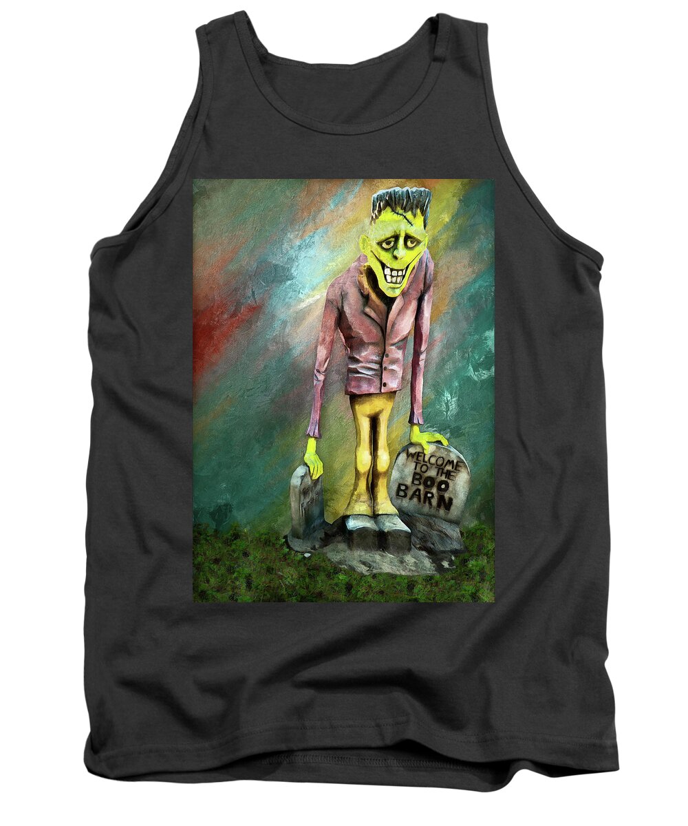 Frankenstein Tank Top featuring the digital art Frankie At The Boo Barn by Leslie Montgomery