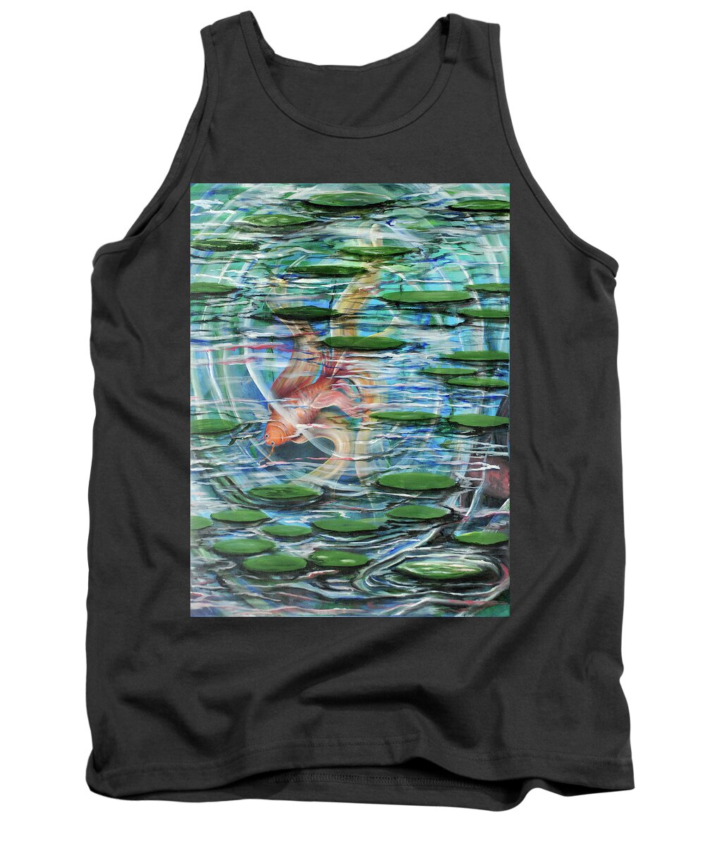 Alluring Pleasing Painting Goldfish Nature Water Pond Leaves Colorful Fantasy Art Beautiful Fish Art Fish Painting Goldfish Art Tank Top featuring the painting Goldfish by Medea Ioseliani