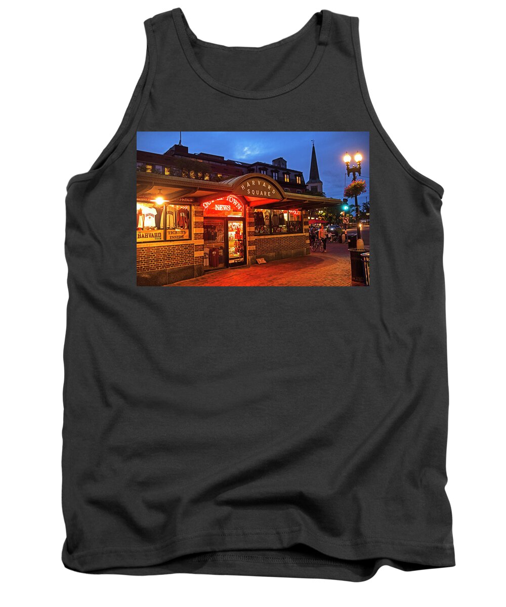 Harvard Tank Top featuring the photograph Harvard Square Cambridge MA at dusk by Toby McGuire
