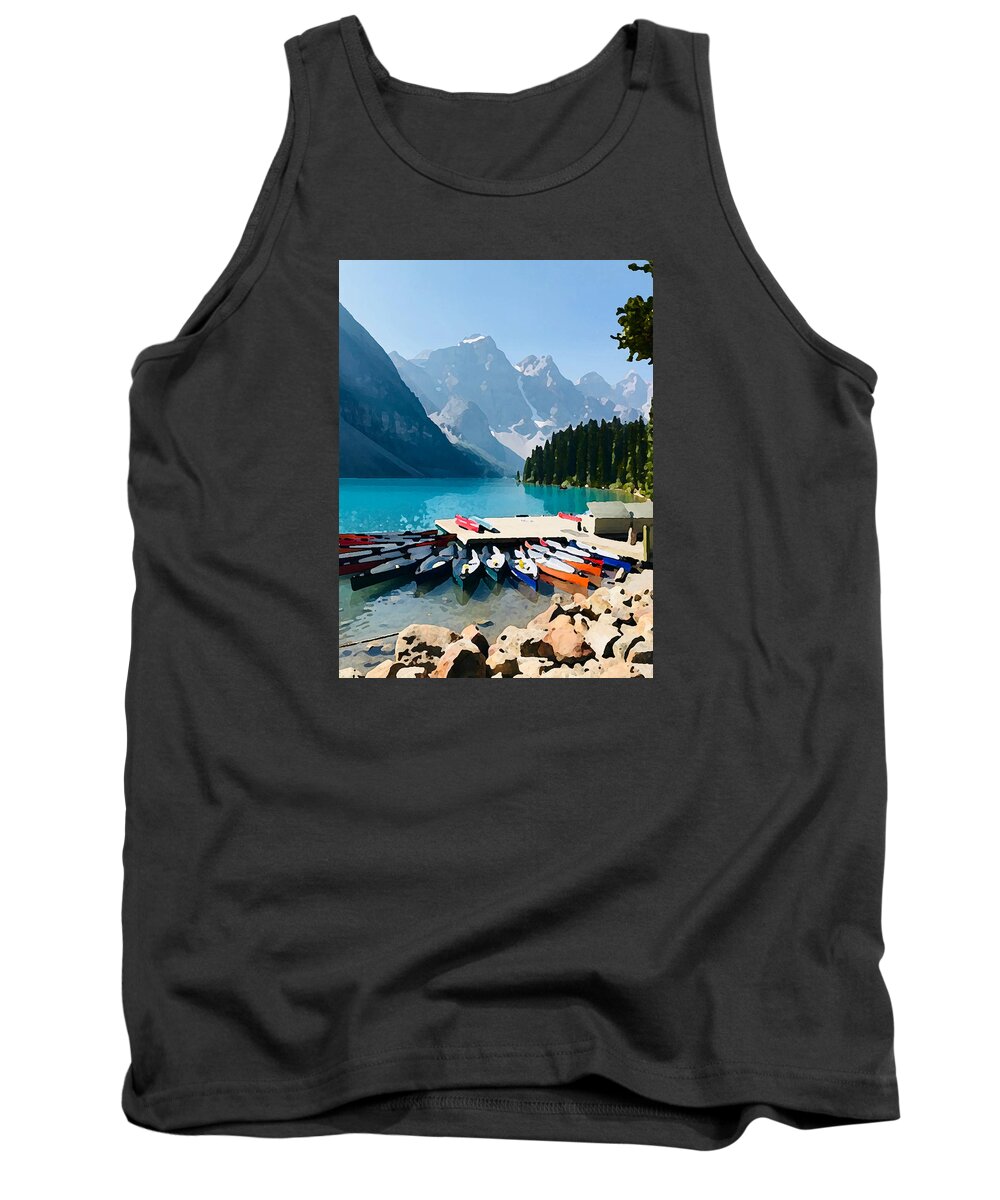 Moraine Lake Tank Top featuring the photograph Moraine Lake Canoes by Tom Johnson