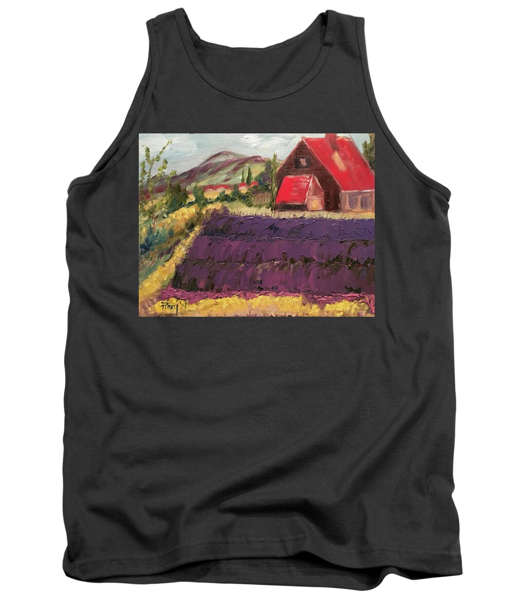 Lavender Tank Top featuring the painting Lavender Farm with Red Barn by Roxy Rich