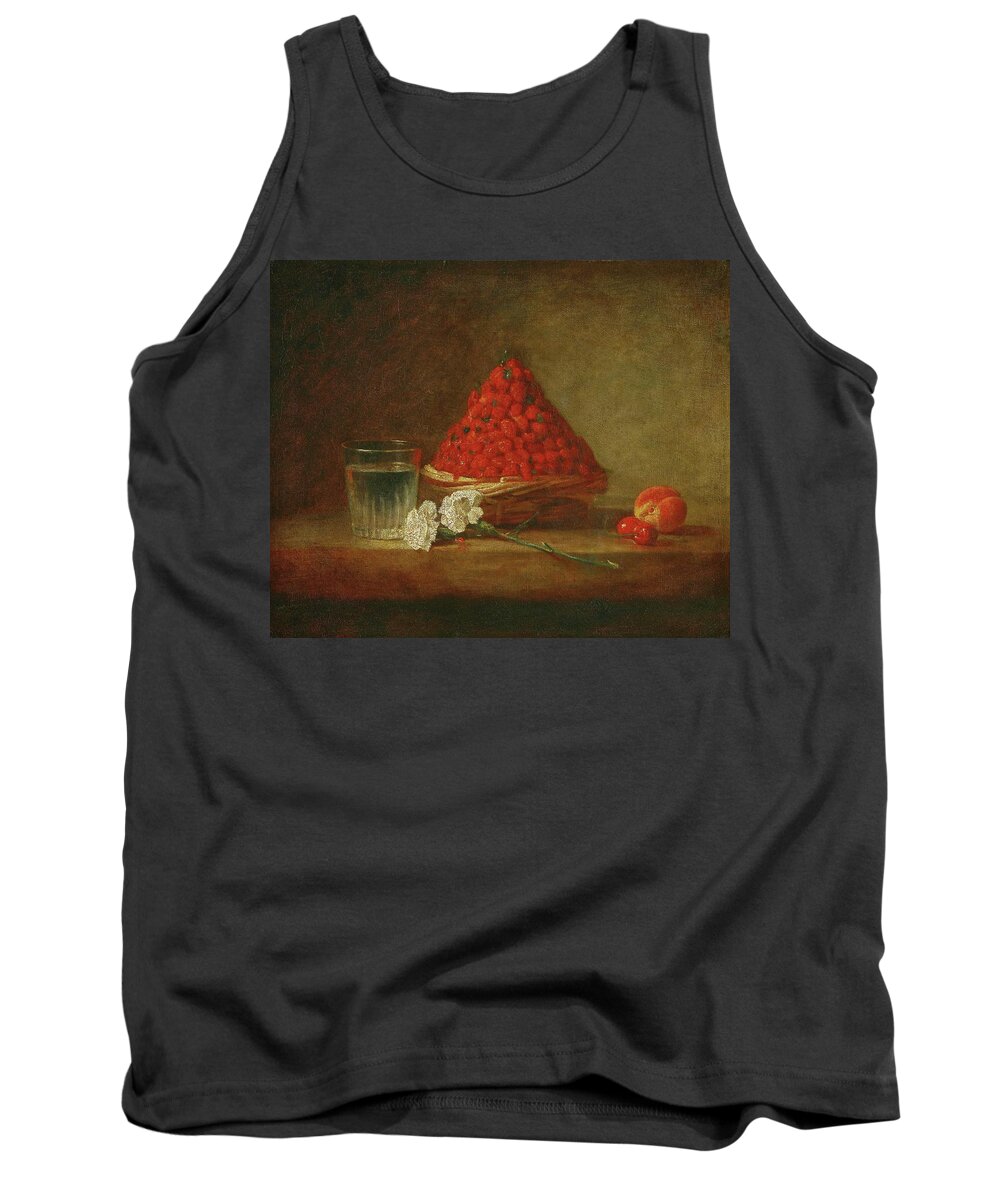 Jean-baptiste-simeon Chardin Tank Top featuring the painting Le panier de fraises des bois - a basket of wild strawberries. Canvas,38 x 46 cm. by Jean Baptiste Simeon Chardin -1699-1779-