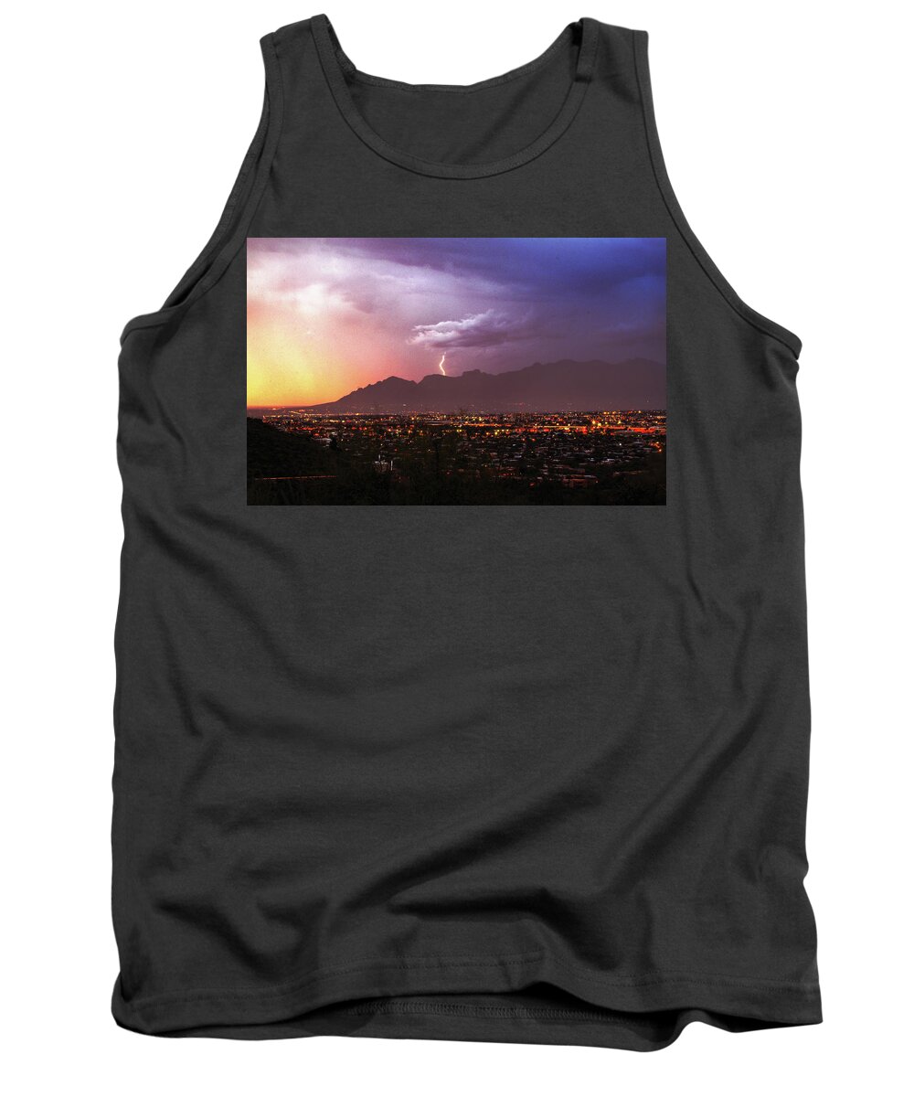 Lightning Tank Top featuring the photograph Lightning bolt over the Santa Catalina Mountains and Tucson, Arizona by Chance Kafka
