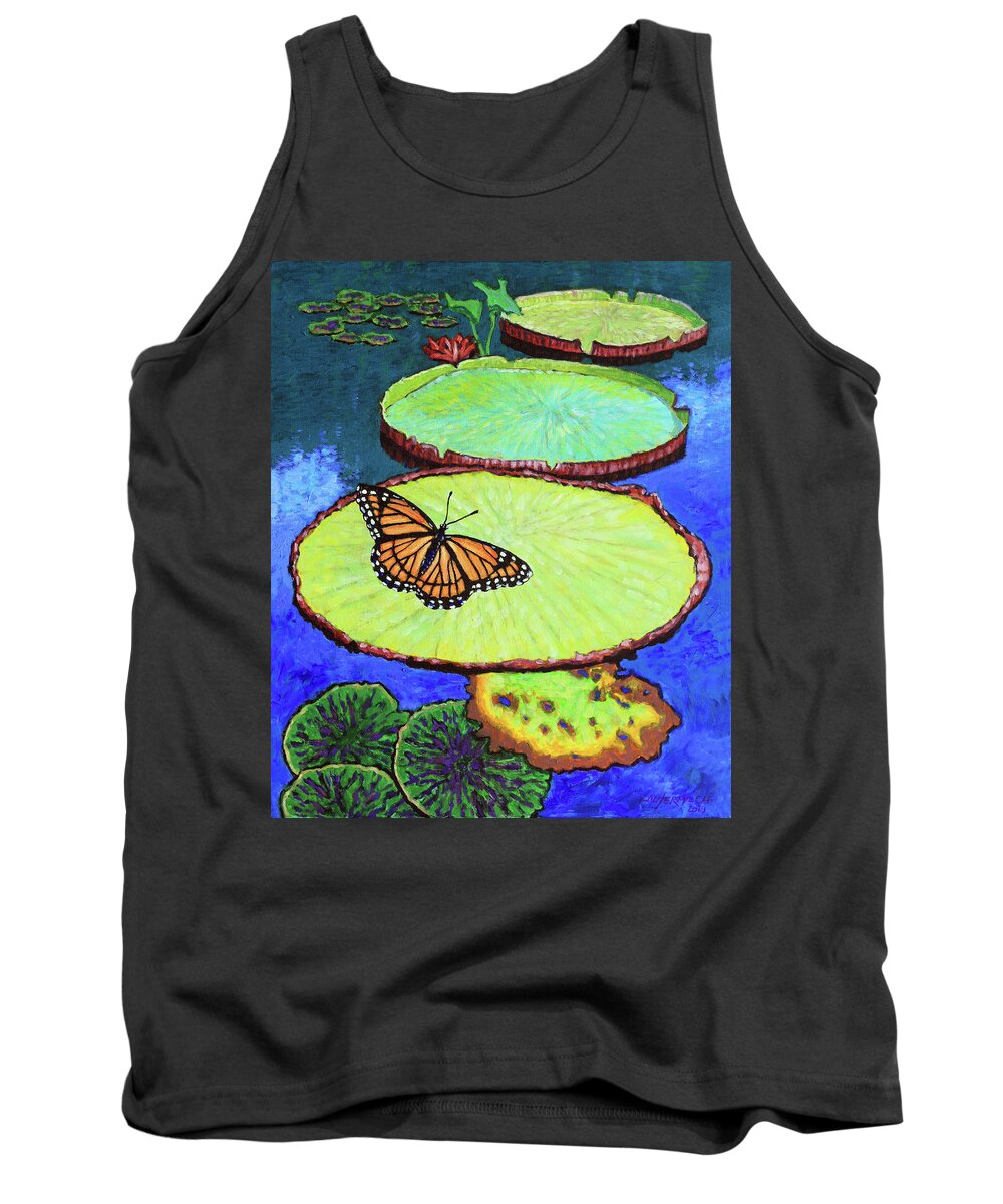 Butterfly Tank Top featuring the painting Lily Pads and Butterfly by John Lautermilch