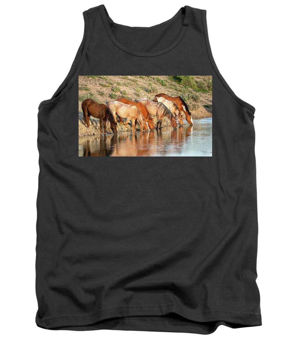 Horses Tank Top featuring the photograph Lineup at the Pond-- Wild Horses by Judi Dressler