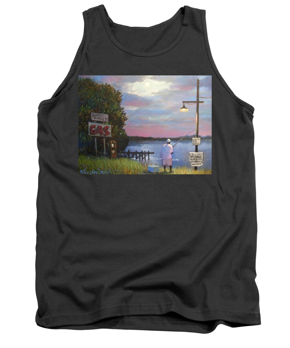 Low Falls Landing Tank Top featuring the painting Low Falls Landing with Fisherman by Blue Sky