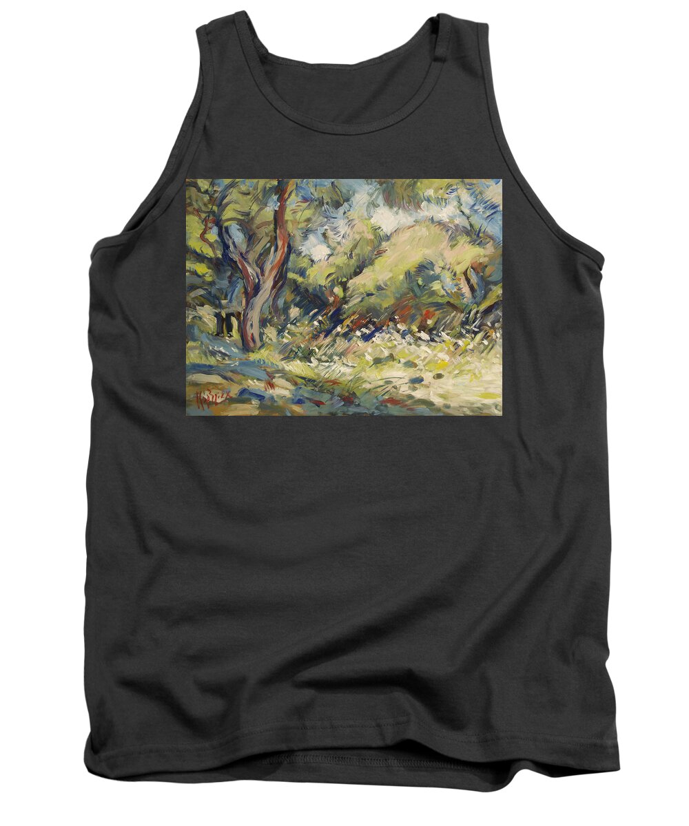 Paxos Tank Top featuring the painting Marmari olive orchard Paxos by Nop Briex