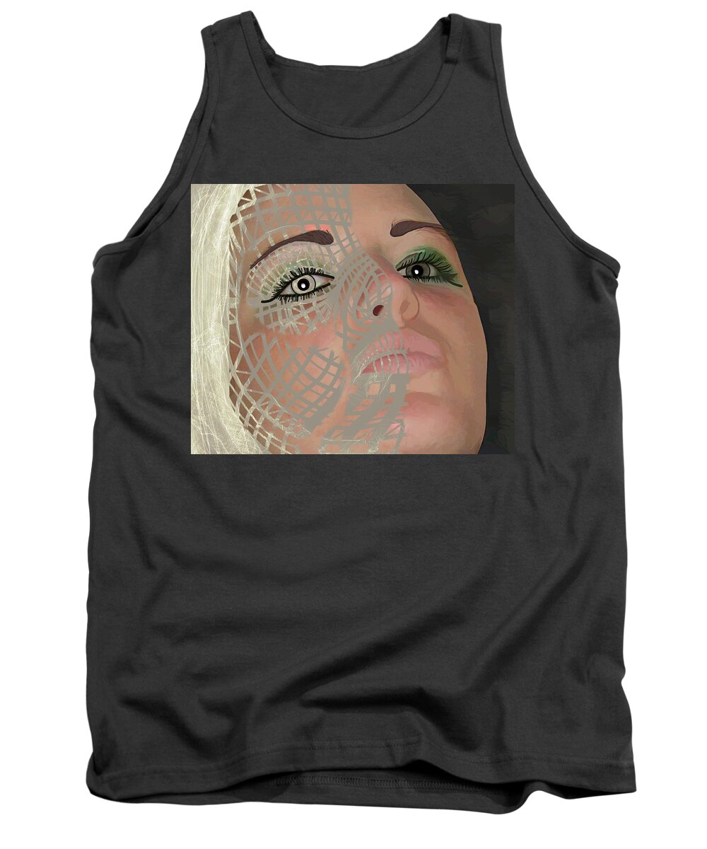 Mask Tank Top featuring the mixed media Mask Dark and Light by Joan Stratton