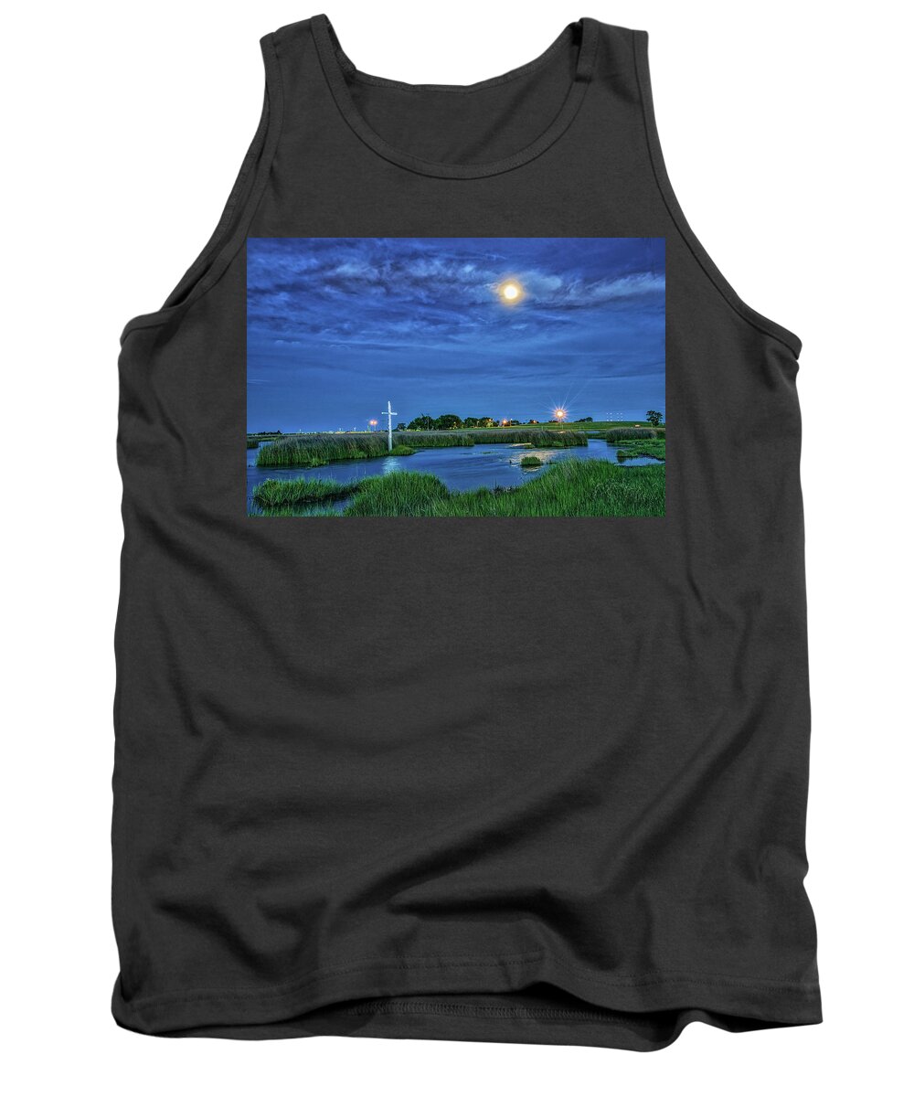 Poquoson Tank Top featuring the photograph Moon Over the Marsh Cross by Jerry Gammon