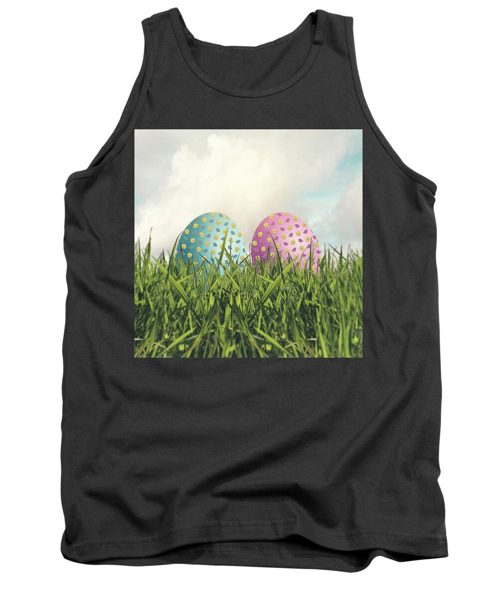 Easter Tank Top featuring the photograph Pink And Blue Floral Easter Eggs On A Bed Of Grass by Ethiriel Photography